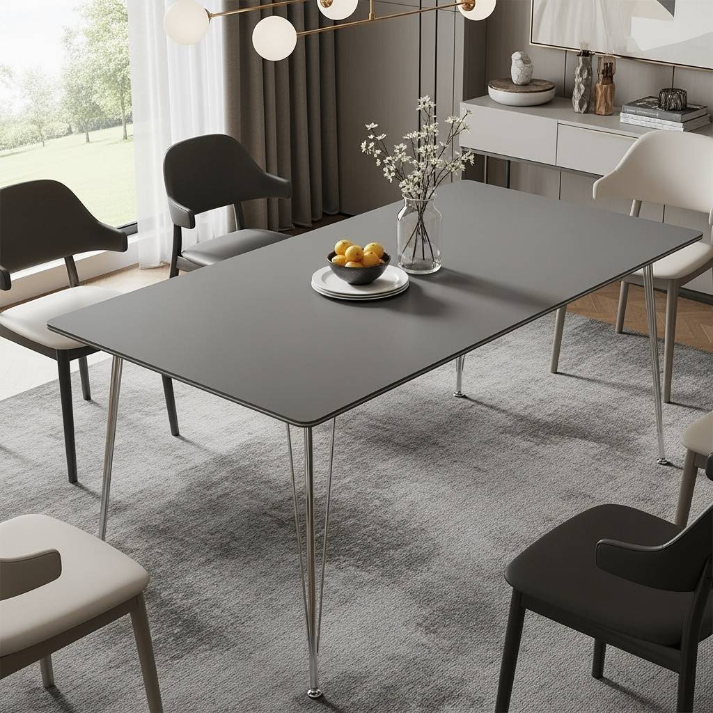Grauer Esstisch mit schlanken Metallbeinen vor einem hellen Sideboard